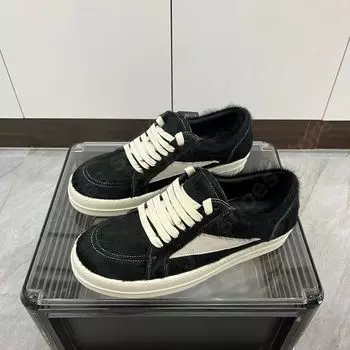 R-o Men Shoes Black Horse Hair Low Top Casual Shoe Women Sneaker Lace Up Black Horsehair Sneakers White Suede Retro Flat Boots 34