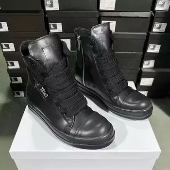 R-o Men Sneaker Full Black Leather Shoe Women High Top Casual Shoes Retro Design Ankle Boot Jumbo Laces Boots Flat Sneakers 34