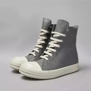 R-o Men Sneaker Grey Leather High Top Shoe Lace Up Women Casual Shoes Classic Design Boots Zipper Gray Cowhide Ankle Boot 34