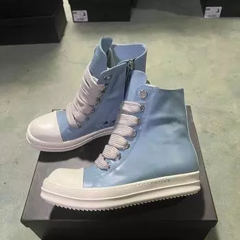 R-o Men Sneaker Wathet Blue Leather High Top Shoe Jumbo Laces Ankle Boot Women Casual Shoes Zipper Cowhide Boots Sneakers 34