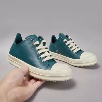 R-o Outdoor Men Sneaker Cyan Leather Low Top Shoe Lace Up Women Casual Shoes Design Thick Sole Cowhide Sneakers Boots 34
