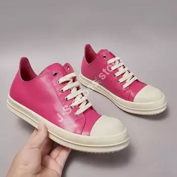 R-o Rose Pink Leather Shoes Women Sneakers Casual Low Top Shoe Men Luxury Lace Up Pink Cowhide Flat Sneaker 34