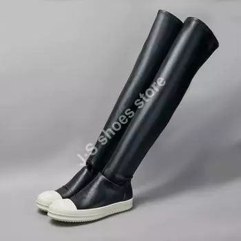 R-o Women Sneakers Cowhide Over the Knee Stretch Boots Men Black Leather Shoes Casual Shoe Footwear Winter Knee High Ankle Boot 34