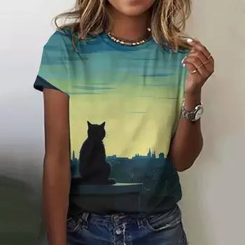 r Повседневный женский топ с круглым вырезом, модная футболка с принтом на спине и рисунком кошки, удобная свободная футболка с коротким рукавом XXS