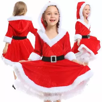 R u R Cosplay Santa Clothes Santa Claus Costume One Piece with Hat Tutu Internal Cute Thick Costume for Events Kids Children Girls Warm 120 130 140