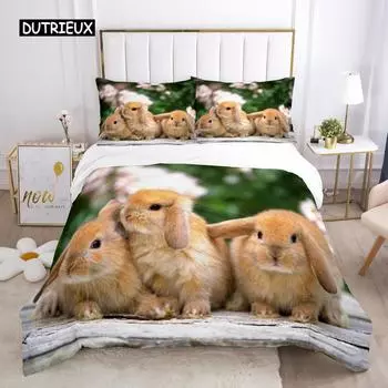 Rabbit Comforter Duvet Cover Set Lovely Little Rabbit Decor Bedding Set for Kid Girl Polyester Animal Theme King Comforter Cover EU single(135x200cm)