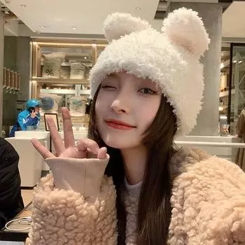 Rabbit ears plush hat female autumn and winter plush warm cute cartoon white face small bag head pullover hat M56-58cm
