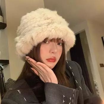 Rabbit fur hat female autumn and winter face small fluffy plush warm ear protection fur bucket hat big head circumference One Size (55-58cm)