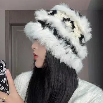 Rabbit fur hat female autumn and winter new flower fisherman shows small face plush cute plush wool lion чёрный