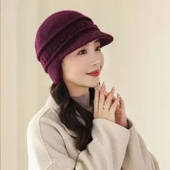 Шапка из кроличьего меха для среднего и пожилого возраста, утолщенная вязаная шерстяная шапка, зимняя теплая бархатная шапка-ушанка для мамы, пожилой женщины One Size