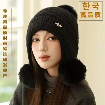 Rabbit fur hat women s light luxury elegant versatile thickened knitted hat winter new ear protector plush wool hat M56-58cm чёрный