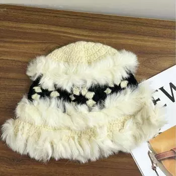 Rabbit fur lion hat women s autumn and winter new plush cute warm wool knitted hat bucket hat furry versatile M56-58cm белый