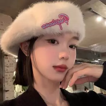 Rabbit fur plush beret women s winter 2024 new face small bud painter hat warm white hat M56-58cm