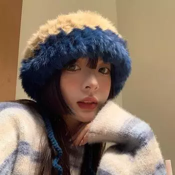 Rabbit fur plush hat female winter face small fashion versatile wool hat warm ear protection headgear hat big head circumference tide Adjustable