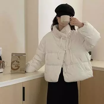 Rabbit fur splicing short down jacket women s 2024 winter Korean sweet buckle thickened small slim jacket S небесно-голубой