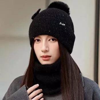 Вязаная шапка из кроличьей шерсти, комплект из шарфа, женская зимняя защитная шапка с бантом и ушами бежевый