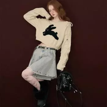 Rabbit Pattern Women s Tied Sweater Round Neck Lace Up Woman Long Sleeved Pullover Warm Fashion Female Loose Top for Autumn and Winter one size