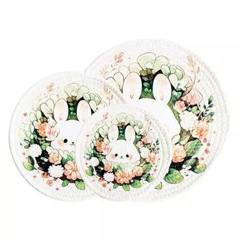 Rabbit Pattern Woven Cotton Placemat Anti-scalding Pot Pad Round Coaster Table Decoration 18cm