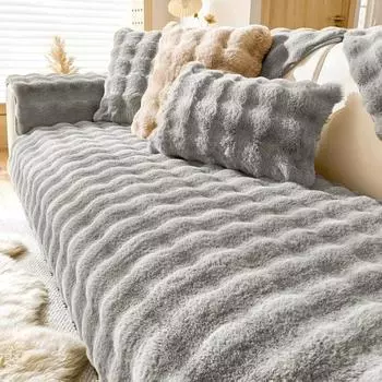 Rabbit Plush Sofa Cushion Winter Thicken Warm Sofa Covers Anti-slip Universal Couch Slipcovers for Living Room Sofa Cover Decor A 70x70