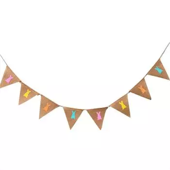 Rabbit Print Hessian Bunting Banner Hanging Linen Flags for Easter Birthday Party Decoration