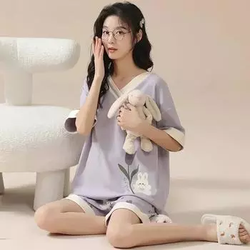 Rabbit Print Women s Pajamas Set Cotton High Quality Pijamas Short Sleeve Nightwear Fashion Lingerie Sleep Wear M