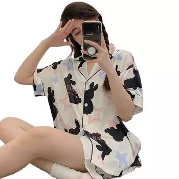 Rabbit Printing Ladies Pajamas Set Summer Kawaii Loungewear Women Green Homewear Cute Cartoon Korean Fashion Version Outfits M