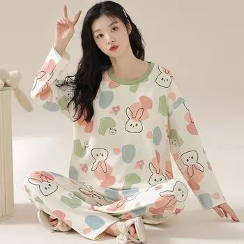 Кролик Женские пижамные комплекты Пуловер Длинные рукава Длинные брюки Осень Зима Милая пижама Мягкая одежда для сна Уютная пижама M