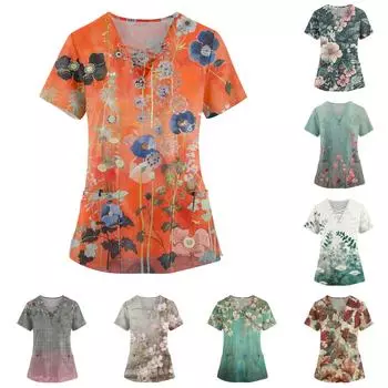 Рабочая форма больших размеров с принтом, топы для женщин, забавные футболки с короткими рукавами и v-образным вырезом с перекрестным принтом, рабочая одежда, футболка с карманами L армия зеленый