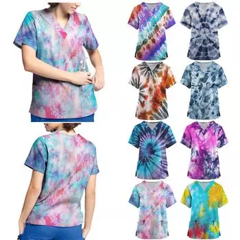 Рабочая форма больших размеров с принтом, топы для женщин, футболки с v-образным вырезом и короткими рукавами, рабочая одежда, футболка с карманами S циан