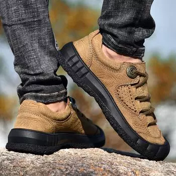Рабочая обувь. Мужские новые уличные альпинистские ботинки из воловьей кожи. Спортивная повседневная обувь с нескользящим низким берцем и шнуровкой. 38 хаки