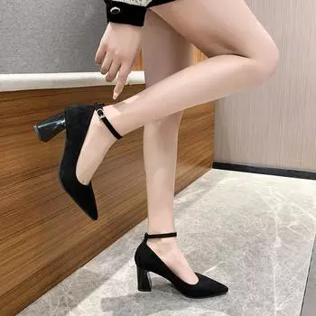 Рабочая обувь на толстом каблуке, новинка весны 2025 года, высокий каблук, средний каблук, универсальный ремень с пряжкой, можно носить в любое время года, простая женская обувь 34