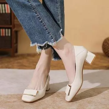 Рабочая обувь женская черная 2025 новая мягкая кожа толстый каблук высокий каблук профессиональный собеседование не уставшие ноги женские одинарные туфли 34