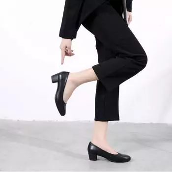 Рабочая обувь женская зимняя 2024 года, черная, с круглым носком, на толстом каблуке, кожаная обувь, профессиональная одежда, рабочая обувь для собеседований, женская рабочая обувь 35 чёрный