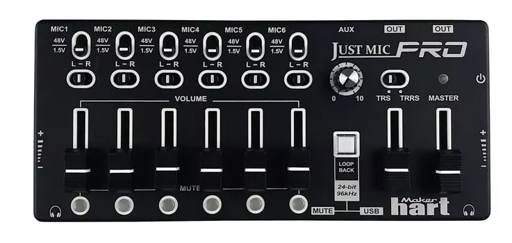 Рабочая станция Maker Hart Just Mic Pro с 6 микрофонными входами и блоком питания для микрофона, 1 стереовходом, 4 аудиовыходами, USB-аудио, отключение звука через USB, многодорожечный разъем / / / (ТРС/ТРРС) /
