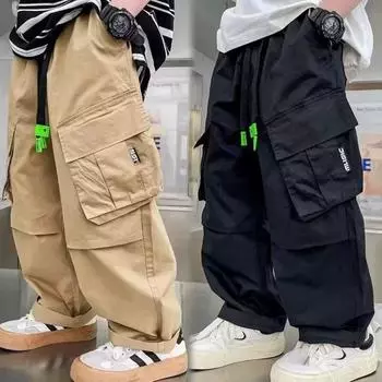 Рабочие брюки для мальчиков, осенние модели, красивые брюки, детские повседневные брюки с карманами, свободные брюки для детей среднего и большого размера 120 чёрный