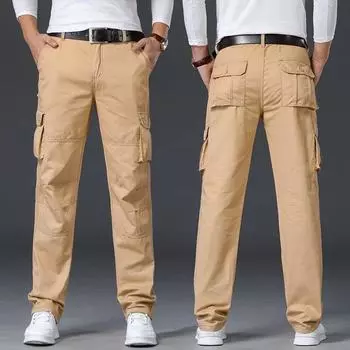 Рабочие брюки мужские летние тонкие дышащие свободные прямые брюки с несколькими карманами военные модные брендовые повседневные длинные брюки для активного отдыха 28 чёрный