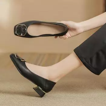 Рабочие профессиональные кожаные туфли на низком каблуке Туфли на плоской подошве с неглубоким носком Туфли на толстом каблуке Универсальные туфли на высоком каблуке 34 чёрный