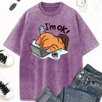 Рабочий дизайн кошка вода стирка винтажная футболка мужская и женская летняя модная одежда повседневная комбинированная футболка S