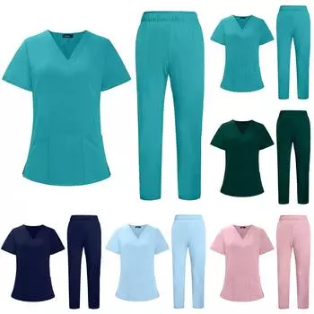Рабочий костюм Soild Scrub для женщин с V-образным вырезом и коротким рукавом, забавные футболки, рабочая одежда, футболка с карманами L циан
