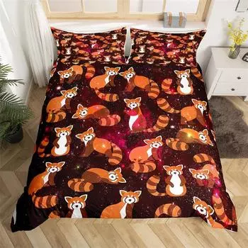 Raccoon Bedding Set Cute Cartoon Animal Duvet Cover Set Universe Galaxy Comforter Cover Polyester Red Starry Sky Bedspread Cover EU Single(135x200cm)