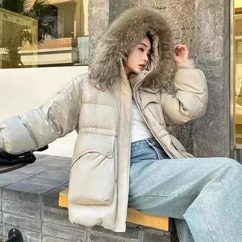 Raccoon Big Fur Collar Down Jacket Women s 2025 Winter Fashion High Luxury Thickened Drawstring Waist Tooling Temperament Jacket Tide S