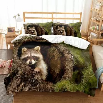 Комплект постельного белья с изображением енота, милые дикие животные, полиэстеровое одеяло, размер King Queen для мальчика и девочки, комплект постельного белья с наволочкой EU single(135x200cm)