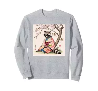 Raccoon in pink kimono under cherry blossom tree Japanese art sweatshirt чёрный