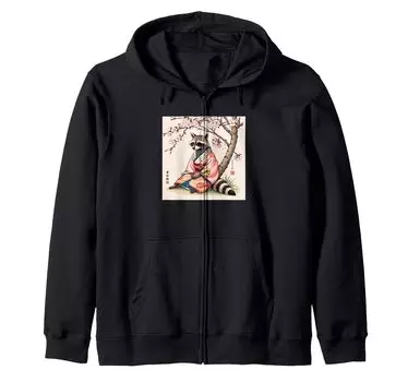 Raccoon in pink kimono under cherry tree Japanese art zip hoodie чёрный