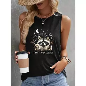 Raccoon & Moon Print Tank Top Casual Crew Neck Tank Top For Summer Women s Clothing S