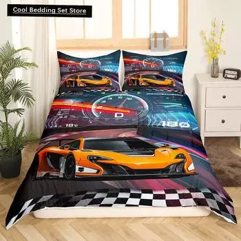 Race Car King Queen Duvet Cover Boys Extreme Sports Bedding Set 3D Cool Speedometer Quilt Cover Soft Polyester Comforter Cover US Queen(228x228cm)