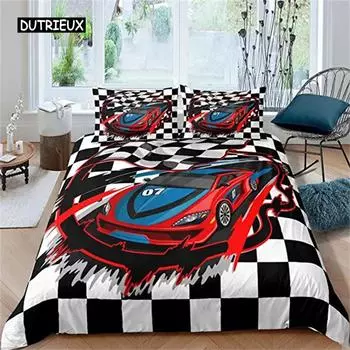Racing Dirt Bike Duvet Cover Race Car Competition Extreme Sports Black and White Grid for Kid Boy Men Red Automobile Room Decor EU single(135x200cm)