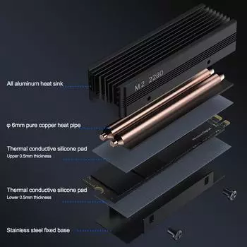 Радиатор M.2 SSD с термопрокладкой из силикона, 2 медные тепловые трубки, радиатор твердотельного накопителя для M.2 NVMe 2280 SSD чёрный