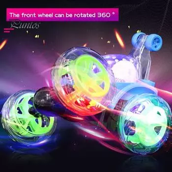 Радиоуправляемая игрушка-трюковая машинка с музыкальным светом, вращающаяся на 360 градусов, детская трюковая машинка, перезаряжаемая через USB, для малышей, мальчиков и девочек, 2,4 ГГц, игрушечный трюковой грузовик с дистанционным управлением синий