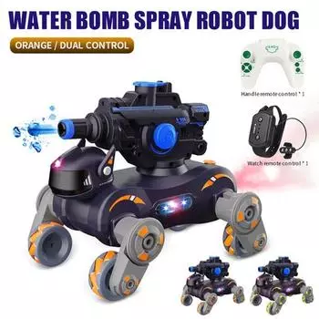 Радиоуправляемая трюковая механическая собака-машина со светомузыкой, стреляющая водяными бомбами, 8-колесная робот-собака, обучающая детская интерактивная электрическая игрушка зелёный